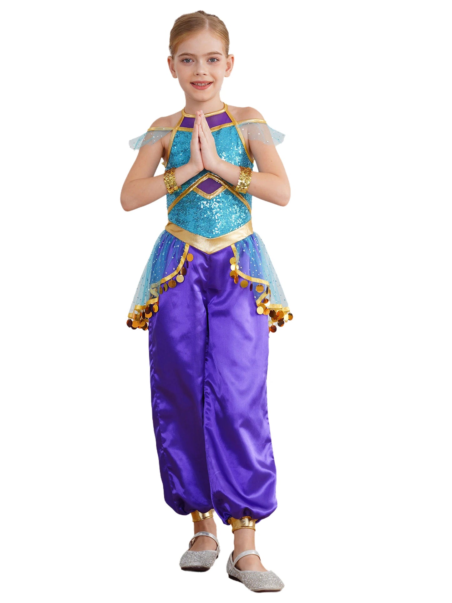 KIds Girls Arabian Princess Costume Indian Bollywood Belly Dance Jumpsuit Halloween Party Fairy Tale Pretend Play Fancy Dress