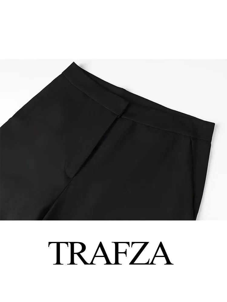 Trafza Sommer Frauen hose 2-Farben-Taschen Reiß verschluss Knopf gerade Bein Hose schick elegant formalen Stil Frauen weites Bein lange Hose