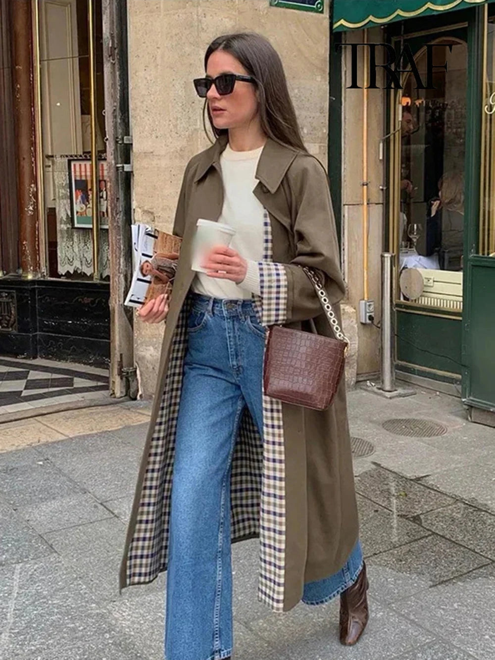 TRAF Damenmode Langer Trenchcoat Jacke Elegant Schick Revers Einfache Jacke Herbst Lose High Street Verdickte Jacke Tops