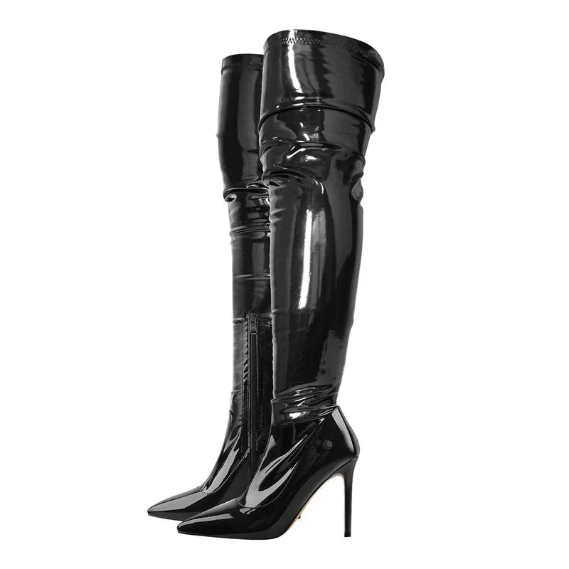 Onlymaker Frauen Spitz Seite Zipper Patent Leder Dünne High Heels Concise Sexy Partei Über Die Knie Frühling Herbst Stiefel