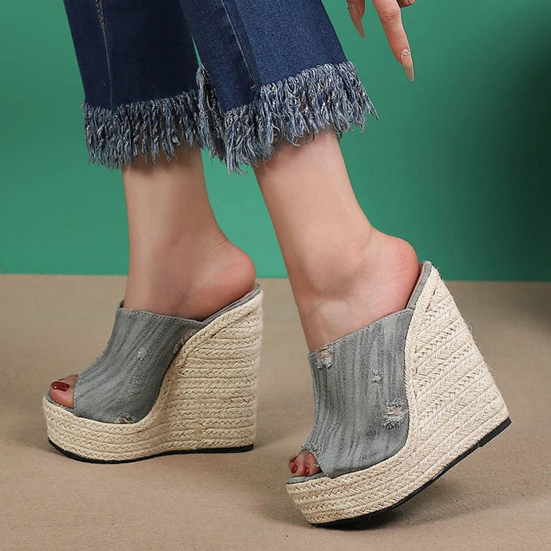 Liyke Summer Blue Denim Women Wedge Heels Platform Slippers Fashion Peep Toe Super High Mules Slides Shoes Ladies Sandals Casual