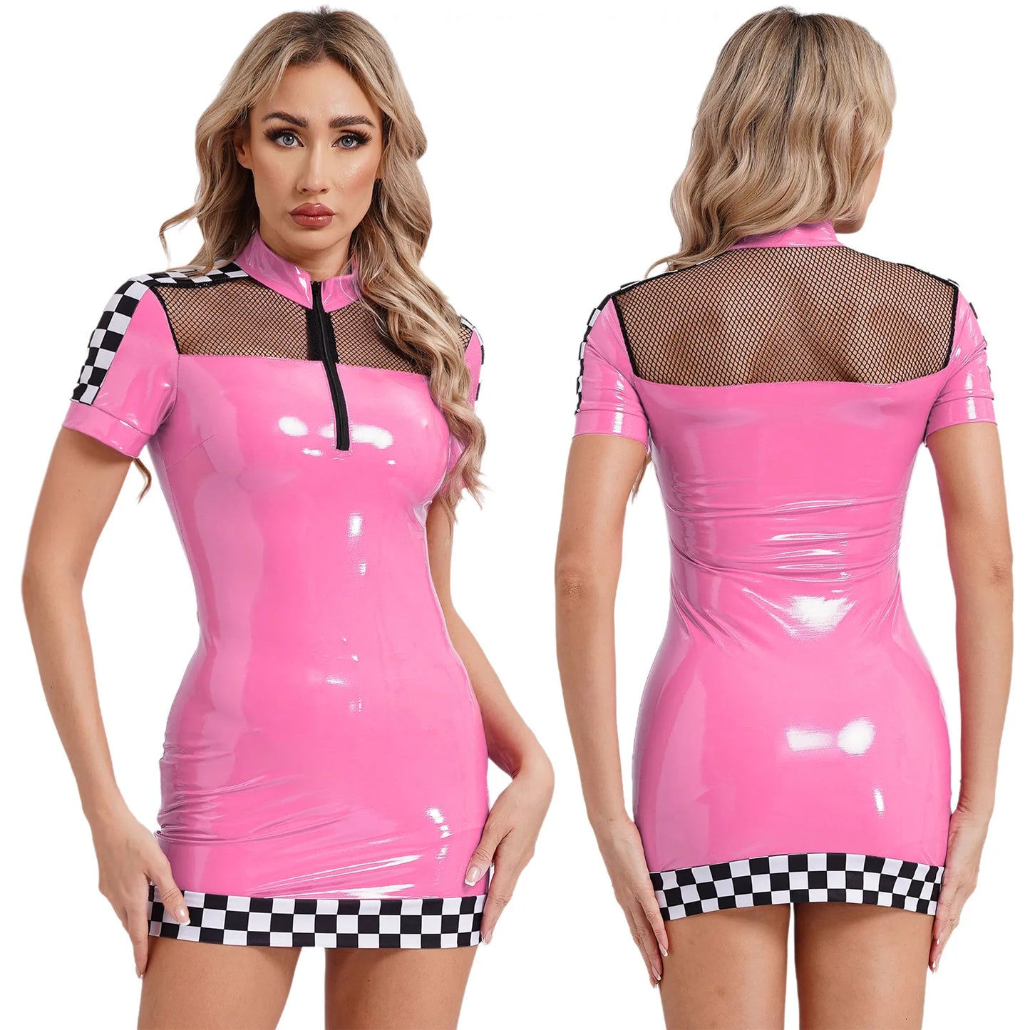 Frauen Halloween Rennwagen Fahrer Kostüm Speed Racer Pullover Wet Look Bodycon Mini kleid für Renn thema Party Cosplay Dress Up