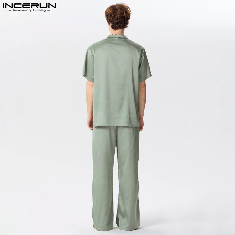 INCERUN Men Sets Solid Color Satin Lapel Short Sleeve Shirt & Pants Two Pieces Sets Streetwear 2024 Fashion Men's Casual Suits