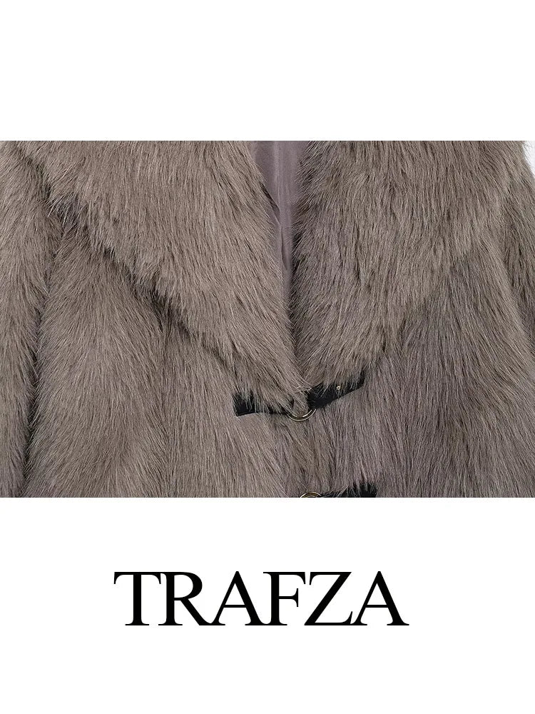 TRAFZA Frauen Elegante Faux Pelz Winter Mantel Solide Drehen Unten Kragen Mit Langen Ärmeln Dicke Mäntel Frau Lange Hülse Lose Warme Jacke