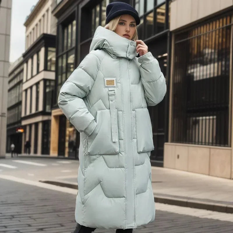 2024 Winter Parka Woman Long Jacket Hooded Thicken Loose Zipper Pockets Warm Snow Wear New Casual Female Down Cotton Padded Coat