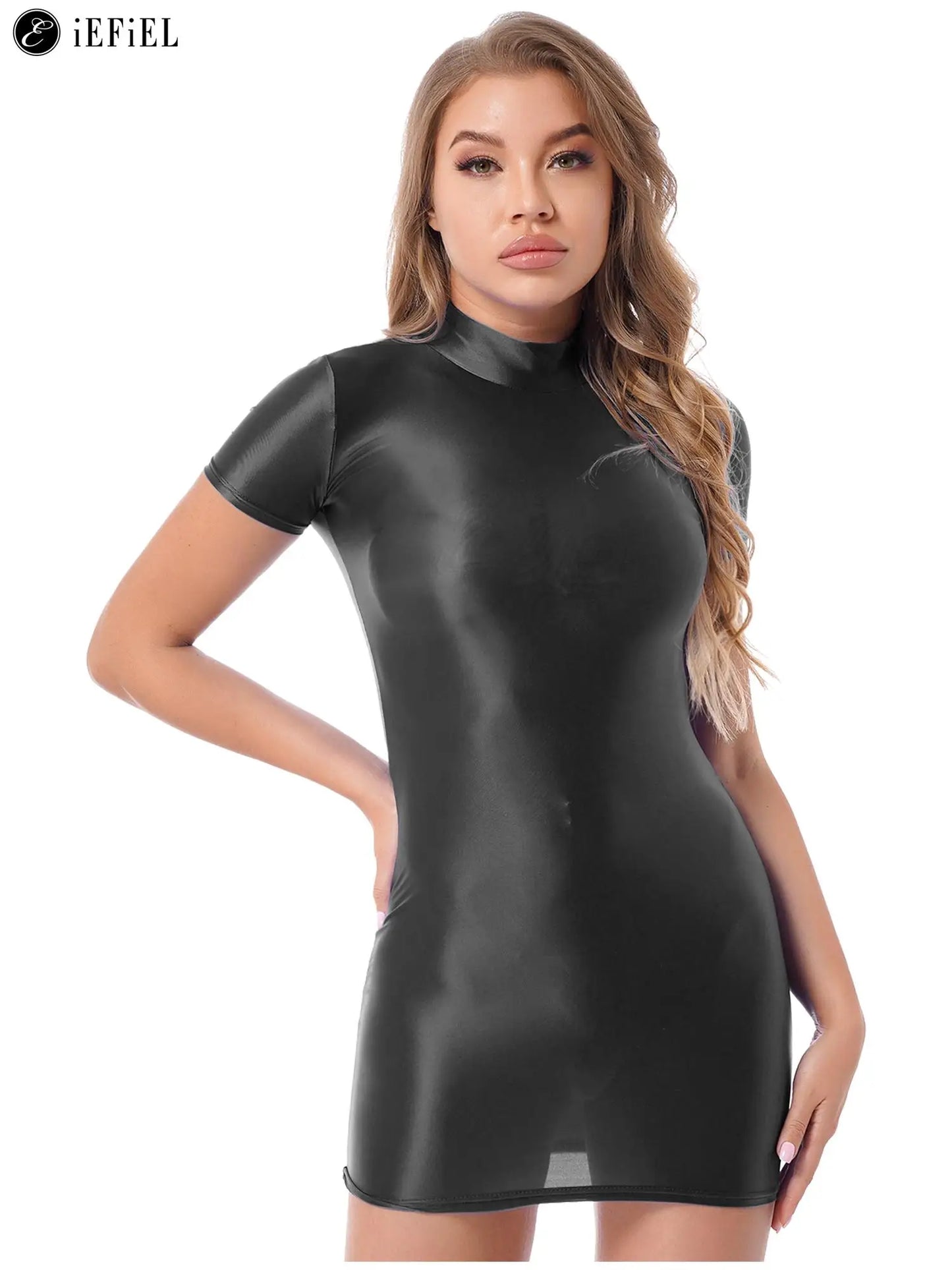 Womens Shiny Glänzend Kurzarm Mock Neck Mini Bleistift Kleid Sexy Nacht Heraus Club Party Bodycon Clubwear Kostüm