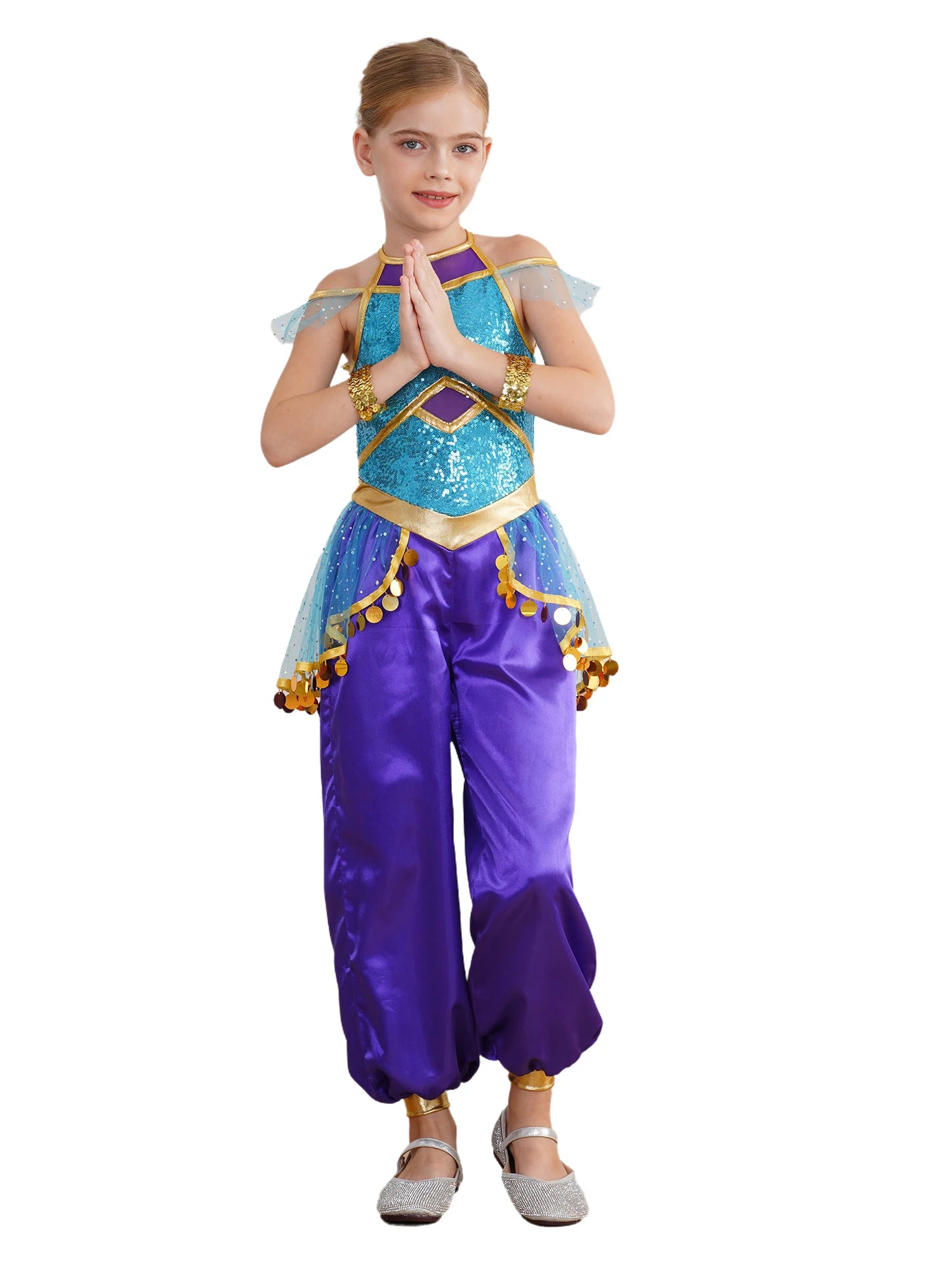 KIds Girls Arabian Princess Costume Indian Bollywood Belly Dance Jumpsuit Halloween Party Fairy Tale Pretend Play Fancy Dress