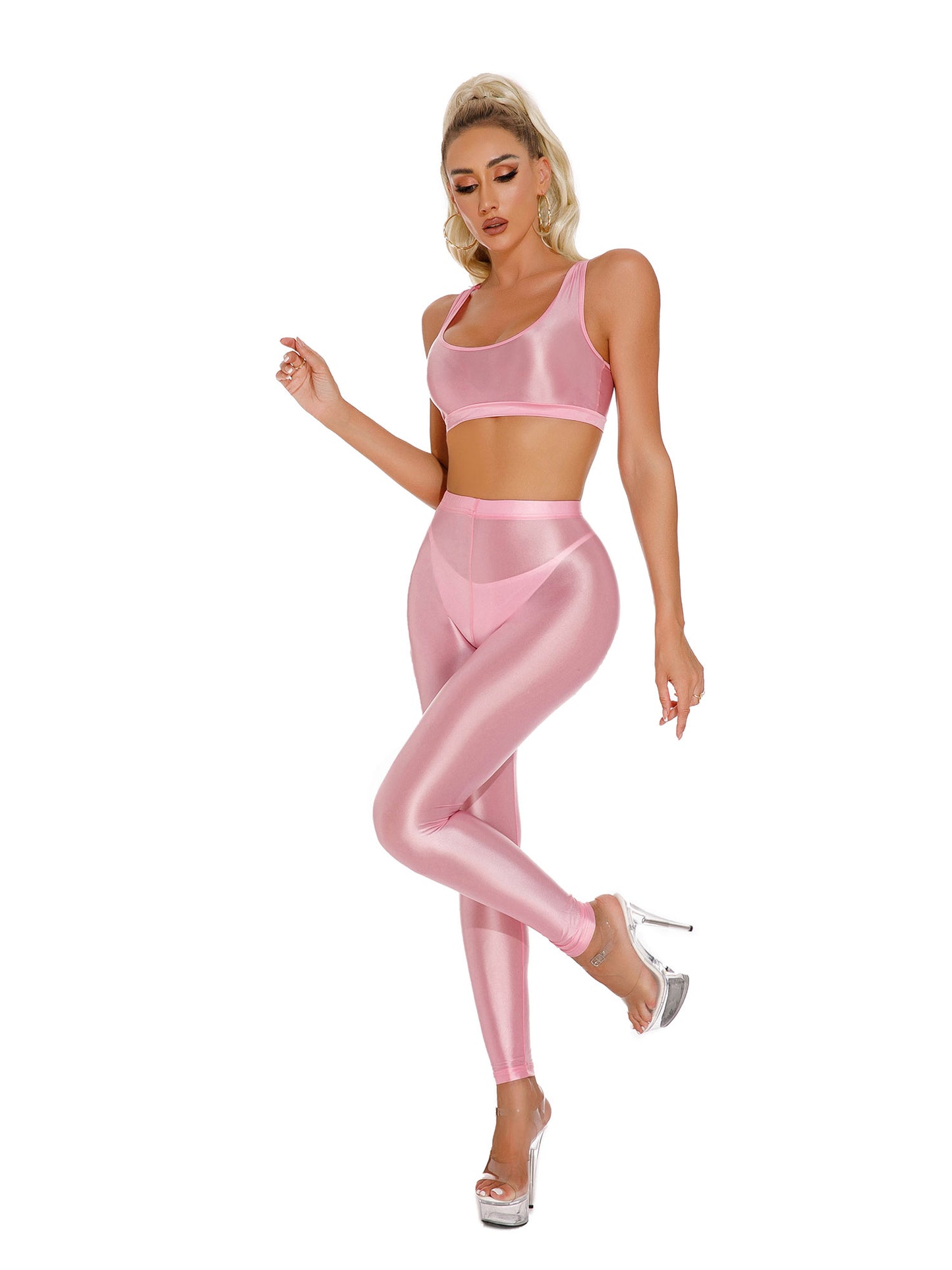 Damen glänzendes Öl ärmelloses U-Ausschnitt Racer back Crop Top mit Leggings für Tanz Yoga Sport Gym Fitness Übung Active wear