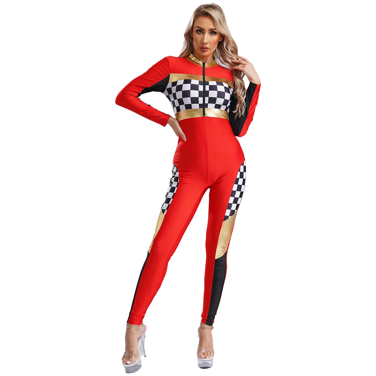 Damen Rennwagen Fahrer Overall Halloween Dragster Racer Pullover Kostüm für Themen Party Motorsport Cosplay Kostüm