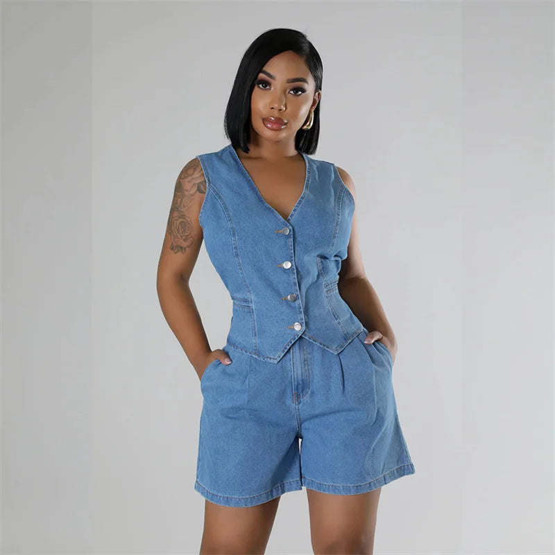 Sommer V-Ausschnitt ärmellose Westen Frauen zweiteilige Sets gerade Jeans shorts weibliche Anzüge lässige einreihige Strickjacke Weste