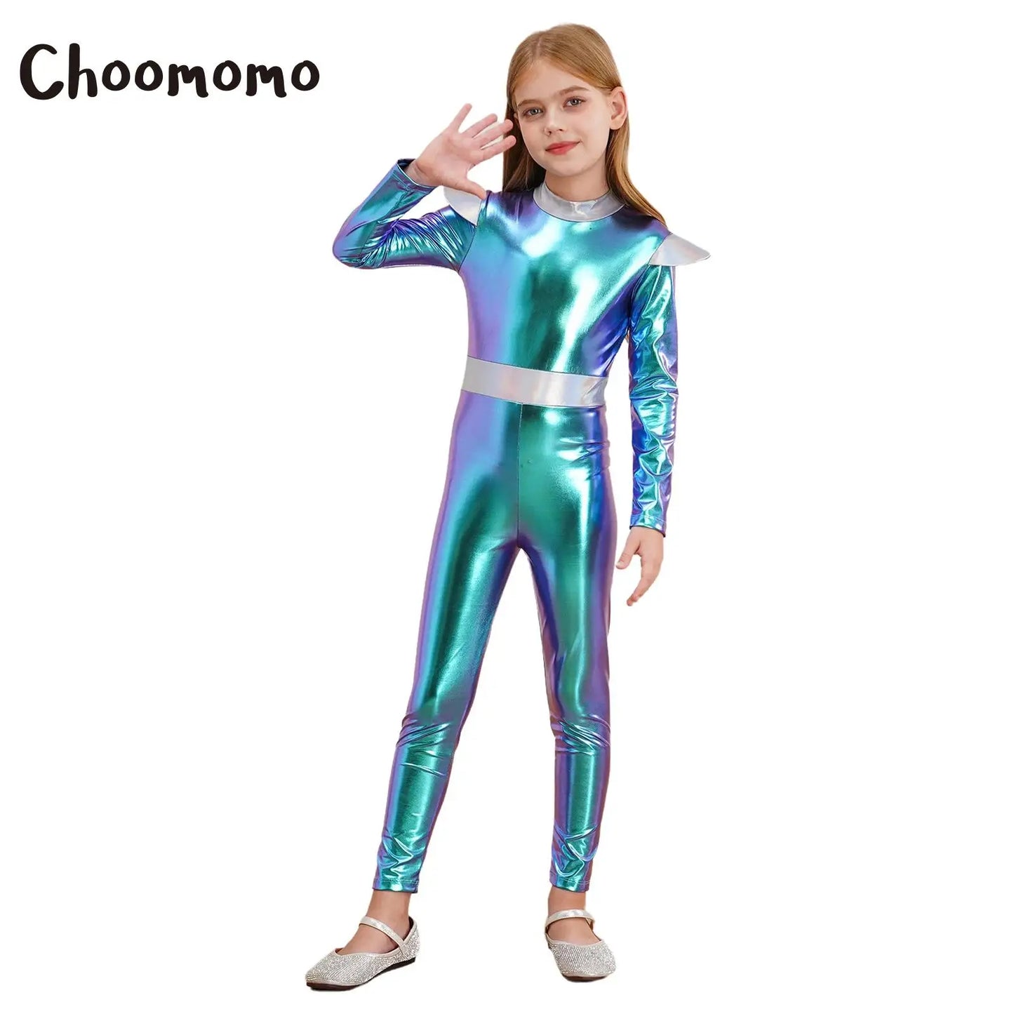 Kinder Mädchen Alien Kostüm Weltraum Kadett Holographische Metallic Ganzkörper Bodysuit Overall Halloween Party Cosplay Dress Up