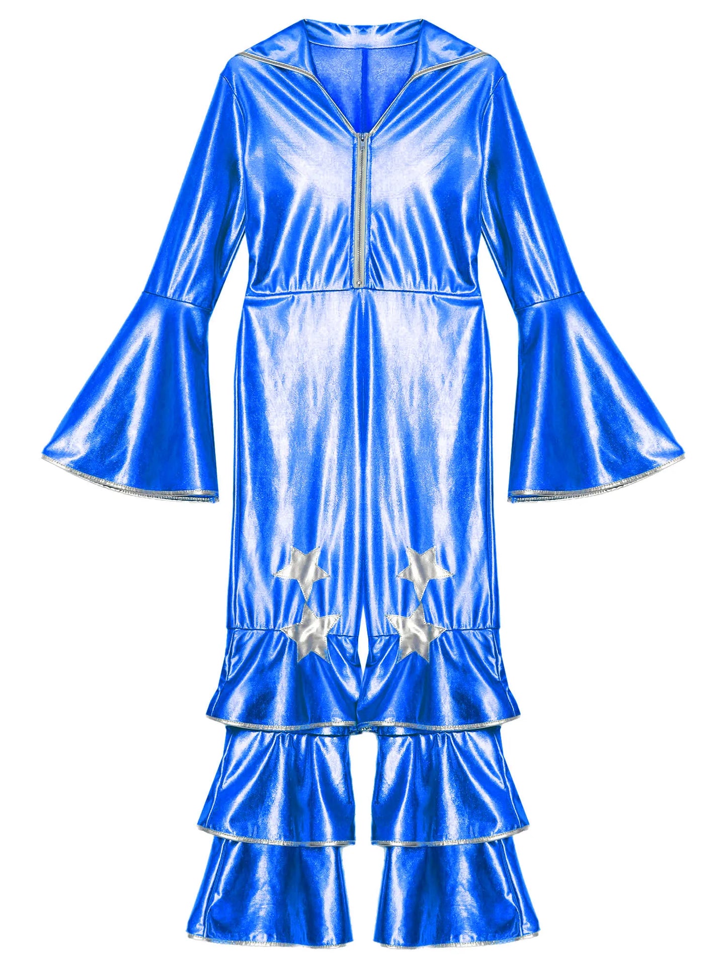 Kids Girls 70s 80s Disco Costume Metallic Flare Sleeve Ruffle Bell Bottom Jumpsuit Halloween Cosplay Funky Dancing Bodysuit