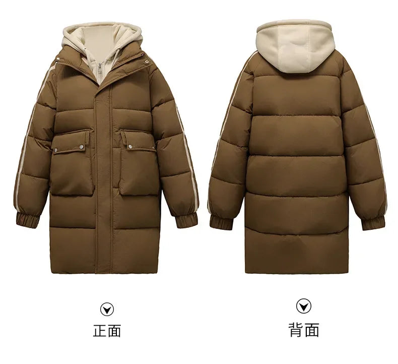 2024 Winter Women's Padded Jacket New Contrast Medium Long Fake Two Piece Down Cotton Jacket Female Hooded Casual Parkas Coats