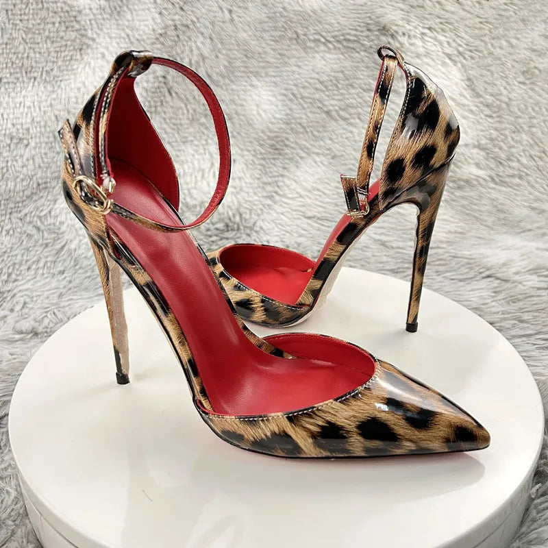 New sexy leopard print 12cm 10cm 8cm thin high heel pointed toe side empty plus dating  women pumps Baotou hollow sandals