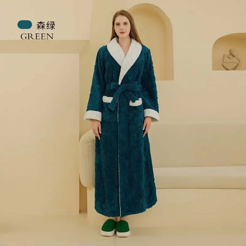 Luxus Dicke Paar Nachtwäsche Herbst Winter Flanell Robe Kimono Bademantel Kleid Hause Kleidung Lose Beiläufige Korallen Fleece Lounge Tragen