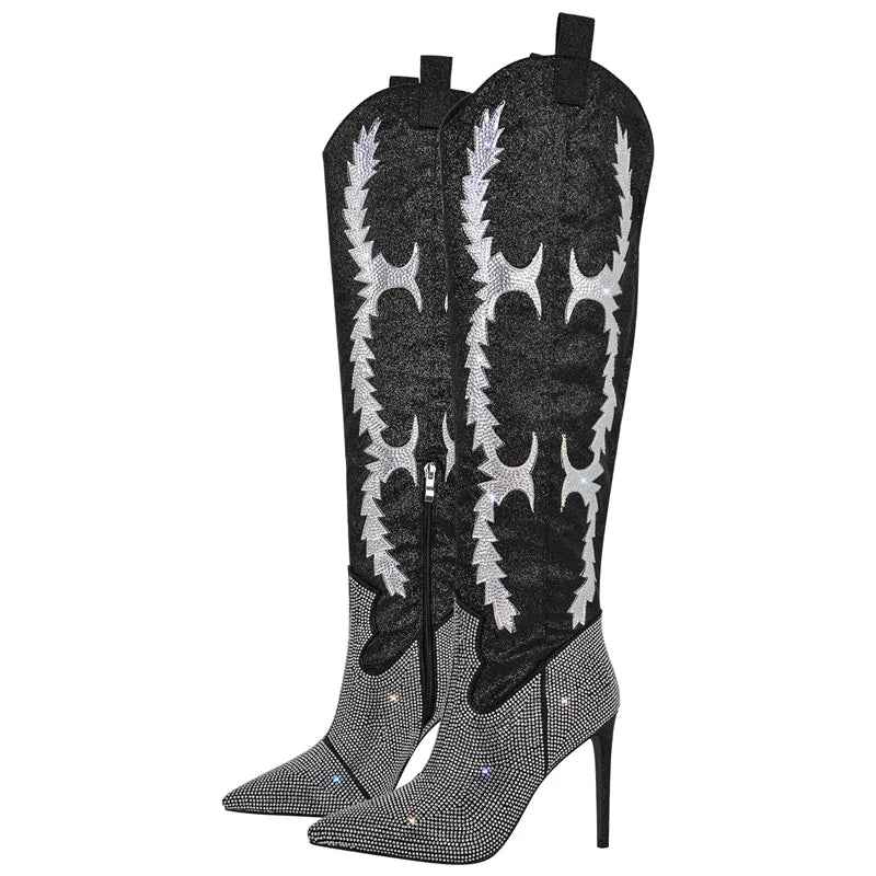 Only maker Frauen Strass spitzen Zehen über dem Knie Stiefel Dame High Heels Seite Reiß verschluss funkelnde Winters tiefel