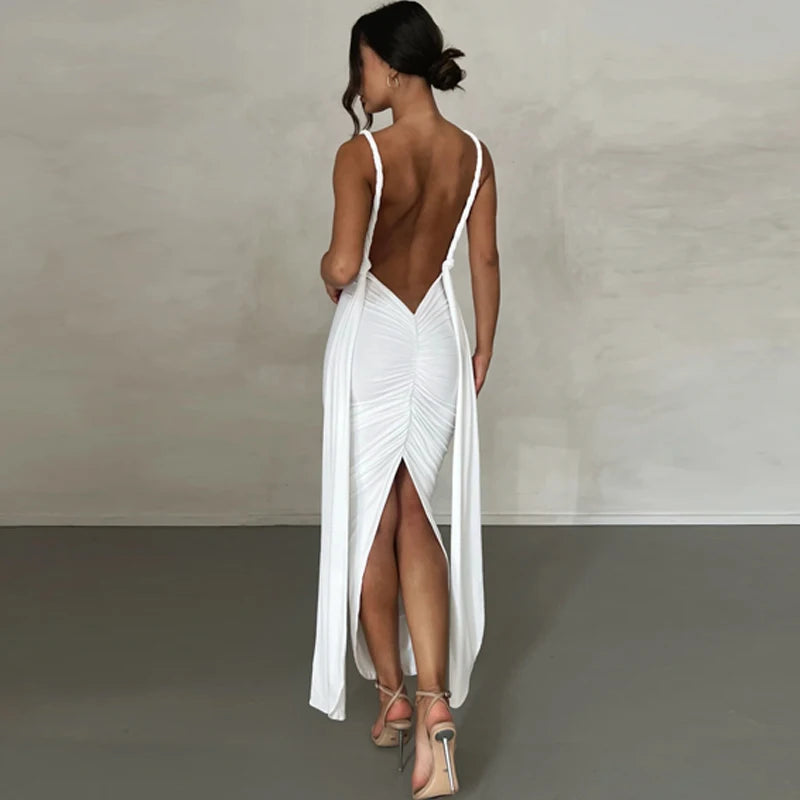 Deep V-Neck Backless Bodycon Dress Elegant Party Dresses For Women 2023 Summer Ruched Wrap Bandage Long Dress Black White