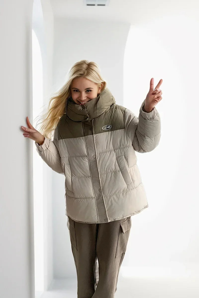 2024 neue Winter Damen jacke Kontrast lässig Kapuze Daunen Baumwoll jacke weiblich verdicken warme lose Puffer gepolsterte Parkas Mäntel