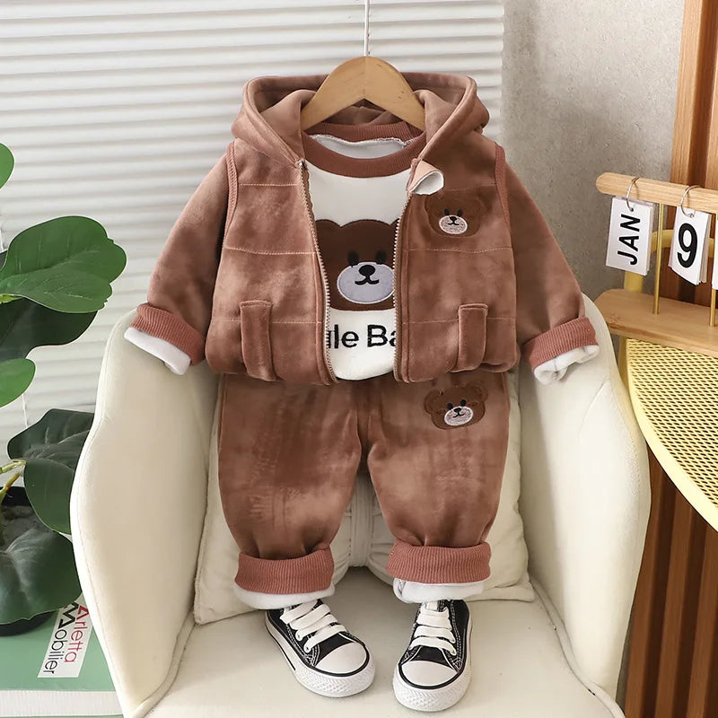 Neue Herbst Winter Baby Kleidung Sets Nette Cartoon Warm Halten Top + Weste + Hosen Mädchen Prinzessin Anzug Geburtstag Geschenke kinder Kleiden