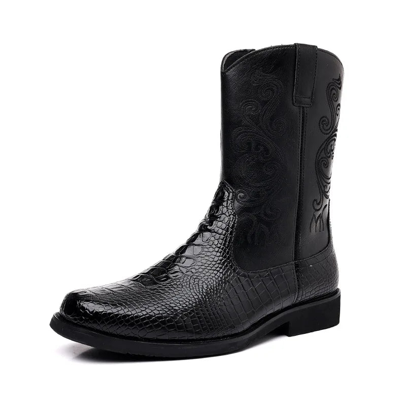 Men's Classic Retro Riding Boots Mens Embossed Leather Embroidery Mid-Calf Boots Men British Style Casual Shoes