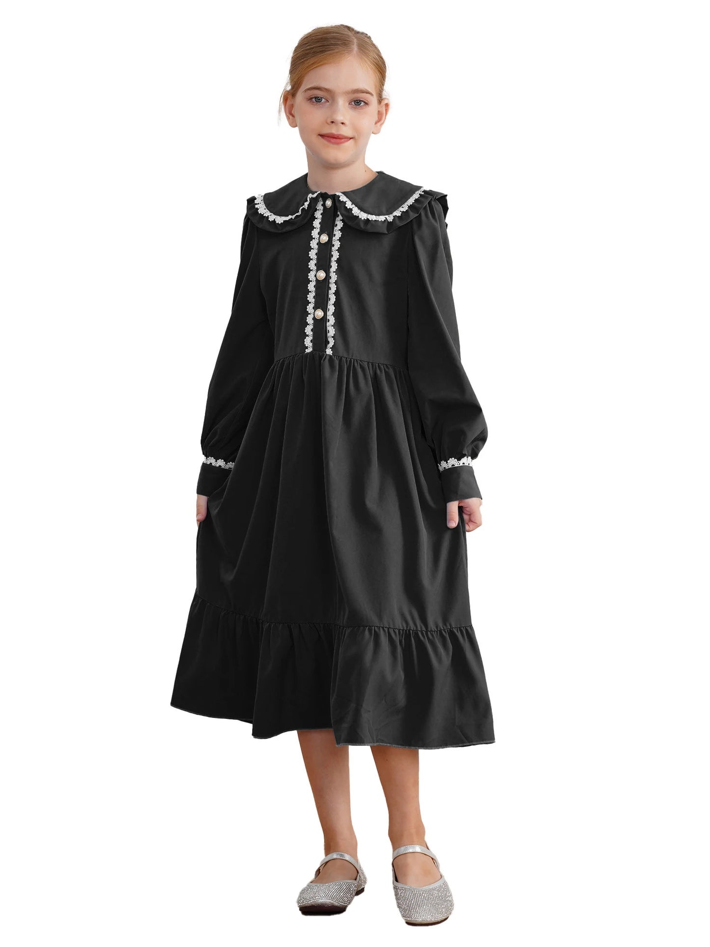 Victorian Girls Long Sleeve Lace Trim Ruffle Dresses Halloween Pioneer Colonial Prairie Costume Pilgrim Cosplay Fancy Dress Up