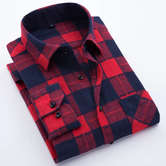 Men&#39;s Fashion Contrast Plaid Checkered Brushed Flannel Shirt Single Patch Pocket Long Sleeve Slim-fit Versatile Casual Shirts
