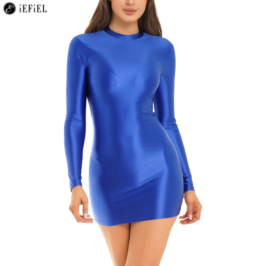 Frauen Sexy Bodycon Kleider Öl Glänzenden Glänzend Langarm Slim Fit Mini Bleistift Kleid Nachtclub Bar Rave Party Babes Clubwear