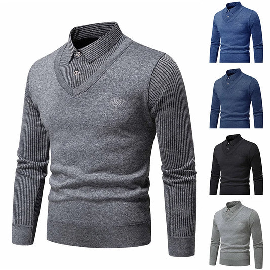 Autumn and Winter New Men's Fake Two Piece Sweater with Fleece and Slim Fit Polo Collar Knitted Bottom Shirt Thickened and Warm