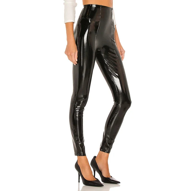 Faux Latex Hose mit hoher Taille Frauen glänzende Paten leder Leggings Damen schlanke Spleißen kurze Hosen Wettlook Clubwear benutzer definierte