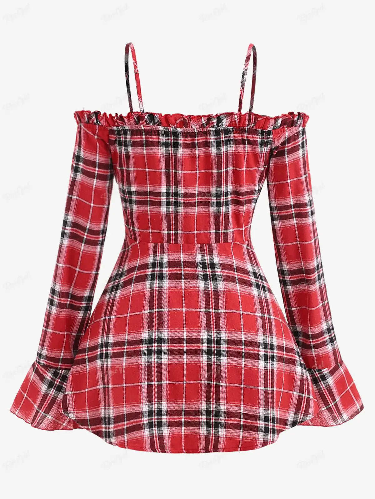 Rosegal Frauen Plus Size T-Shirts Plaid Herz gedruckt Schnürung kalte Schulter T-Shirt Damen von der Schulter Dichter Ärmel geraffte Tops