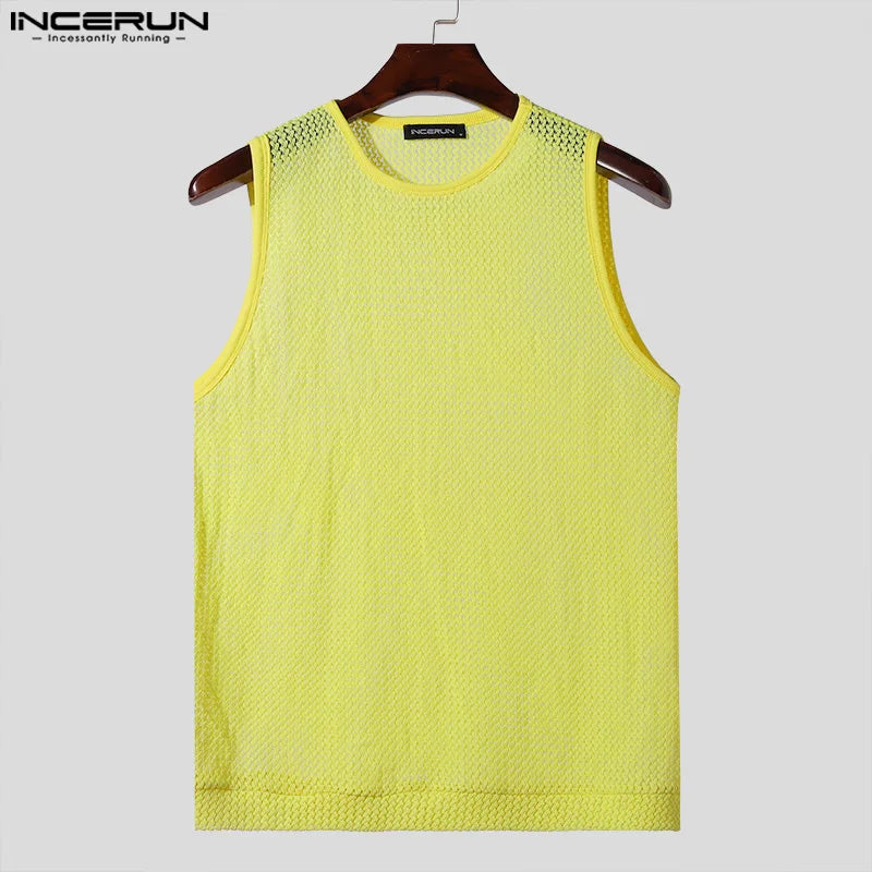 INCERUN Men Tank Tops Transparent O-neck Sleeveless Sexy Hollow Out Solid Color Male Vests Streetwear 2024 Fashion Men Clothing