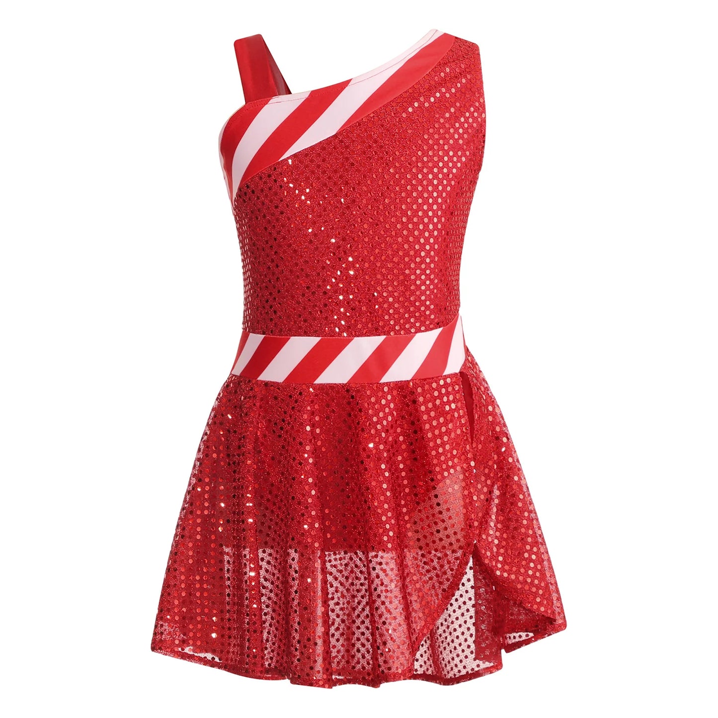 Kids Girls Shiny Sequins Christmas Dance Dresses Xmas Santa Claus Candy Cane Costume Figure Ice Skating Performance Dress