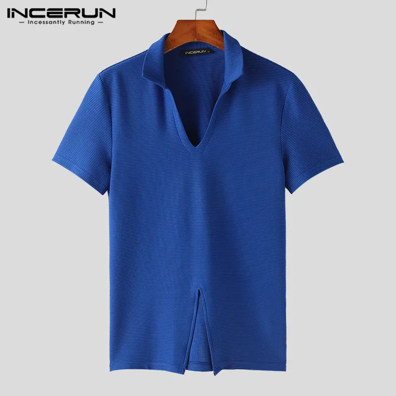INCERUN Men T Shirt Solid Color V Neck Short Sleeve Fitness Casual Men Clothing Streetwear 2024 Fashion Leisure Camisetas S-5XL