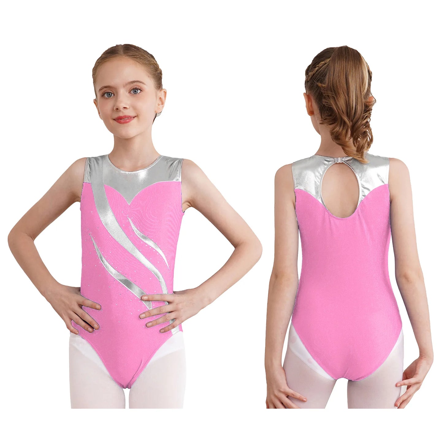 Kinder Mädchen Gymnastik Trikots ein Stück Farb block Metallic Ballett Tanz sportlichen Bodysuit Unitard Team Wettbewerb Dance wear