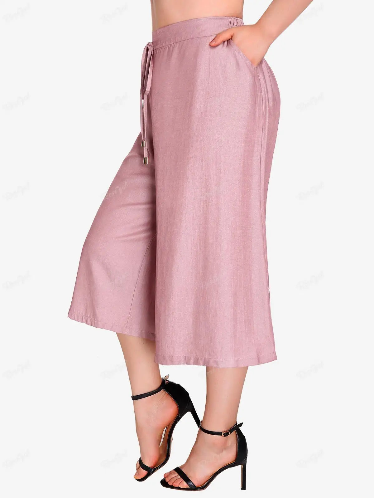 Rosegal Plus Size Schnür Culotte Hose mit Tasche hellrosa Frauen Frühling Sommer elastische Taille weites Bein Midi Hose Mujer