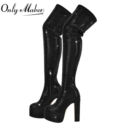 Only maker Frauen Plattform über dem Knie Stiefel schwarz Strass dicke High Heels Seite Reiß verschluss Punk-Stil Round toe Party Stiefel