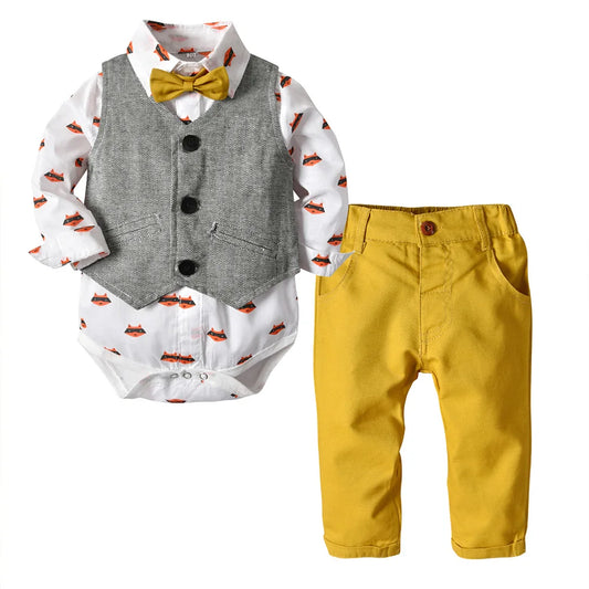 Autumn Fashion infant clothing Baby Suit Baby Boys Clothes Gentleman Bow Tie Rompers + Vest + Trousers 3Pcs Baby Set