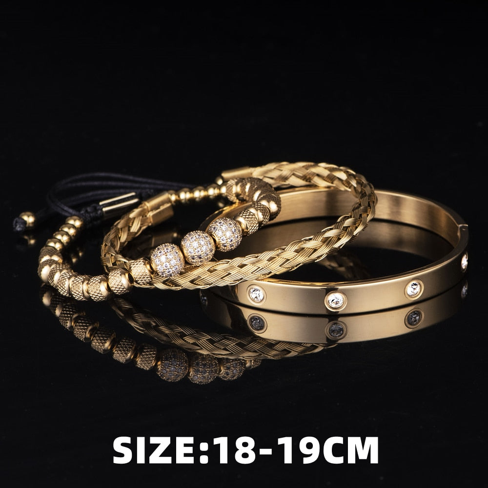 3pcs Luxury Micro Pave CZ Round Beads Royal Charm Men Bracelets Stainless Steel Crystals Bangles Couple Handmade Jewelry Gift
