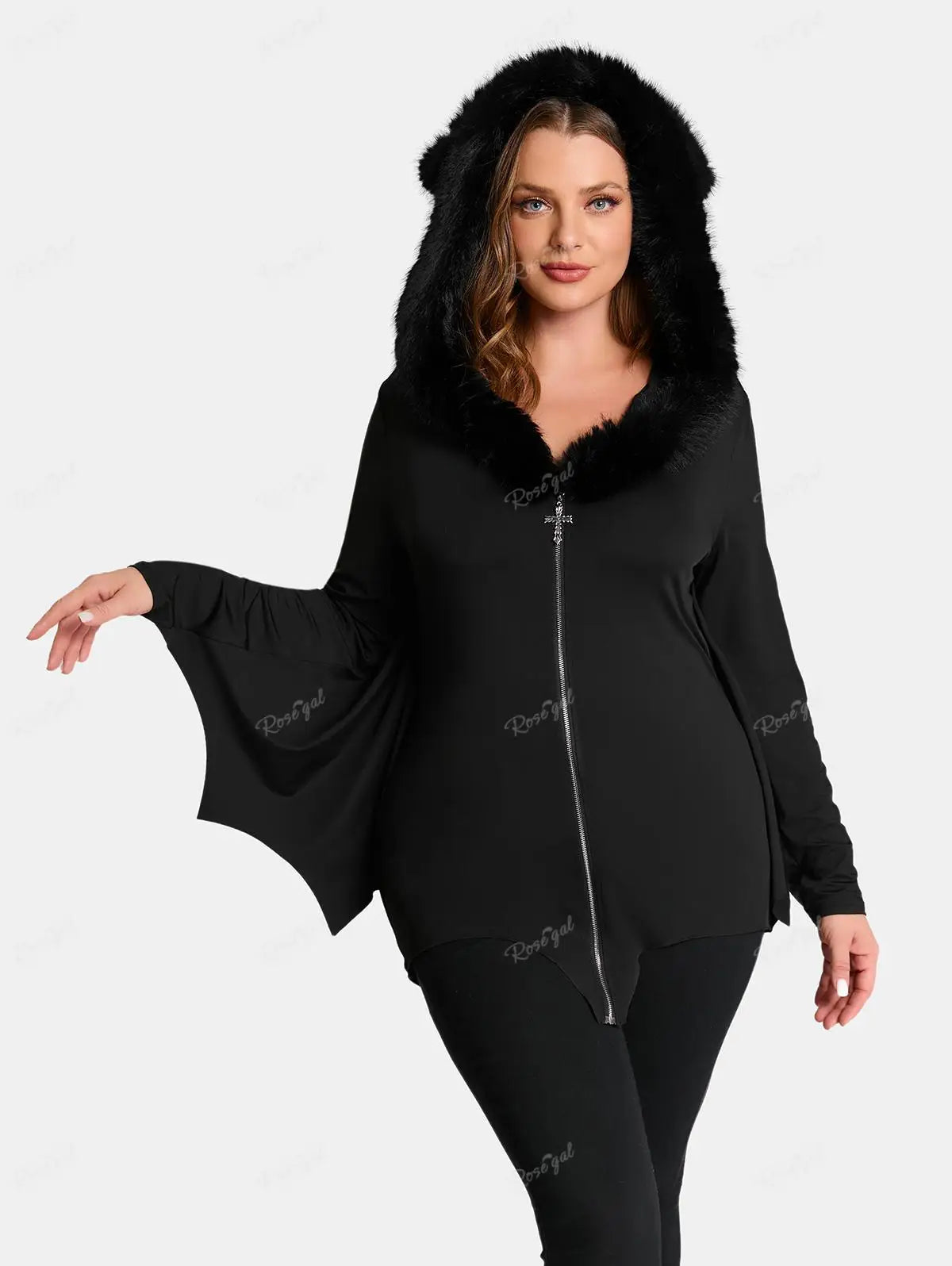 Ros gal Plus Size Damen voller Reiß verschluss Pelz Hals Fledermaus Flügel Kapuzen mantel schwarz High Stretch Jacken lässig Frühling Herbst Outwear Tops