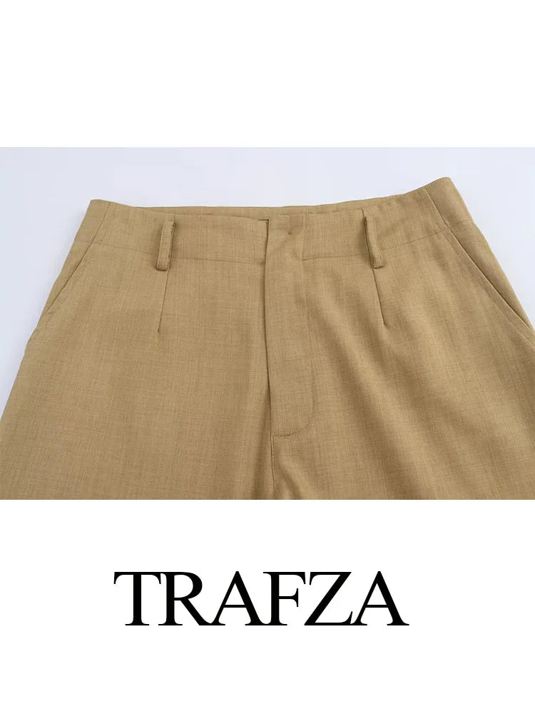 Trafza Herbst neue Mode Frauen lose lange Hosen Khaki hohe Taille Taschen Knopf Reiß verschluss Hose weibliche lässige Hose mit weitem Bein