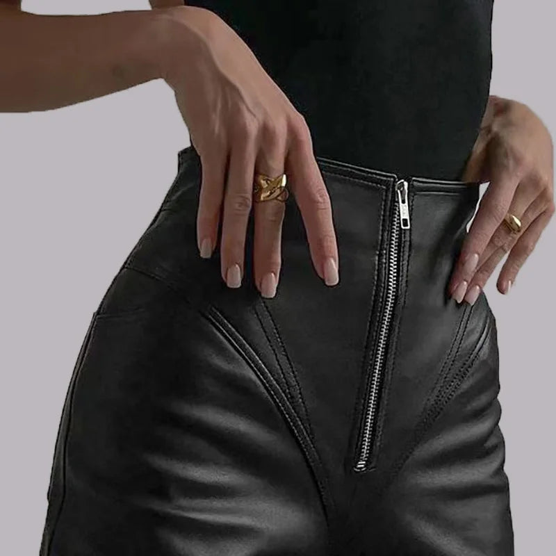 Office Wear Winter Women's Leather Pants with Zipper Tight PU Faux Leather Wide Leg Trouesrs for Women Elegant Pencil Pants 2024
