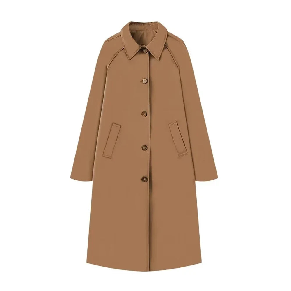 TRAF Damenmode Langer Trenchcoat Jacke Elegant Schick Revers Einfache Jacke Herbst Lose High Street Verdickte Jacke Tops