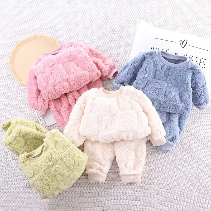 Niedlichen Kaninchen Winter Baby Mädchen Kleidung Sets Plüsch Warm Halten Mode Top + Hosen 2Pcs Mädchen Anzüge Geburtstag Geschenke neue Kinder Kleidung