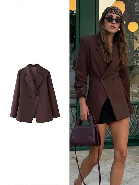 TRAF Damenmode braun schlank Jacke lässig Revers Tasche Langarm Blazer Herbst Vintage elegante Damen Straße Oberbekleidung