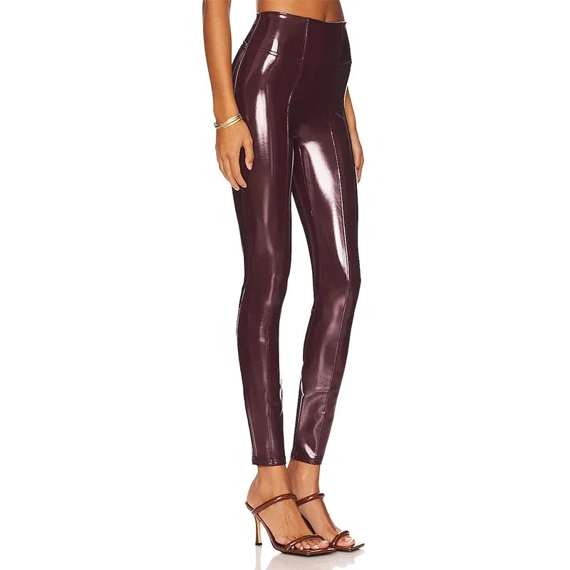 Faux Latex Hose mit hoher Taille Frauen glänzende Paten leder Leggings Damen schlanke Spleißen kurze Hosen Wettlook Clubwear benutzer definierte