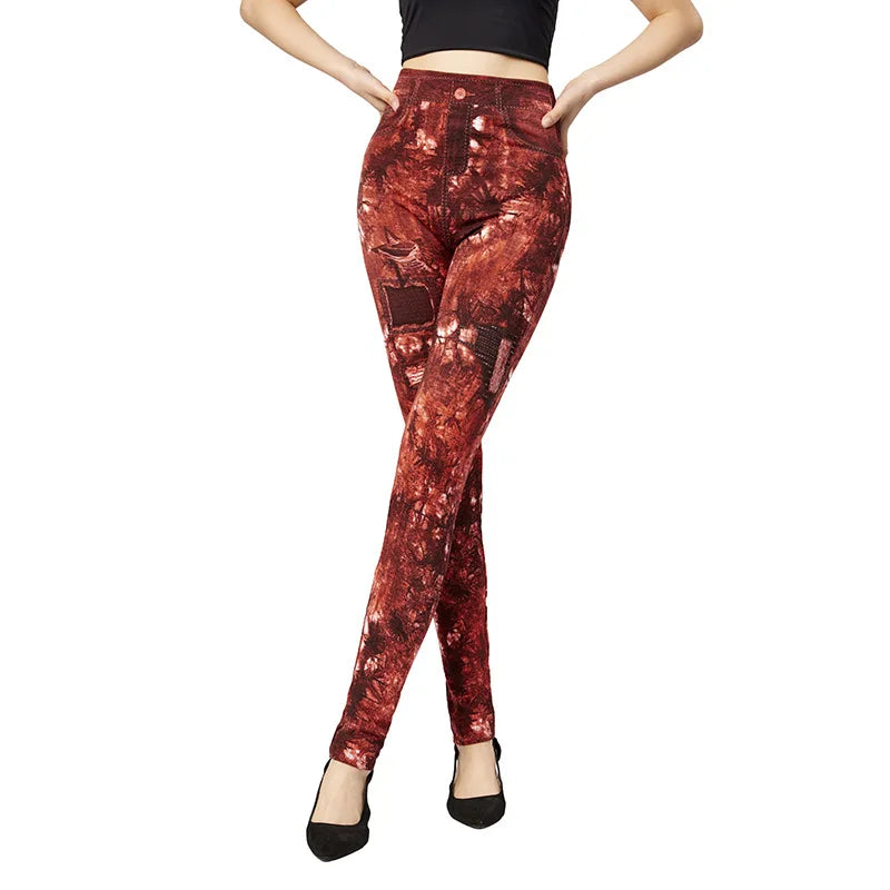 CUHAKCI Red Leaves Printed Jeggings Workout Yoga Faux Denim Leggings Women Super Stretch Workout Slim Fit Breathable Pants