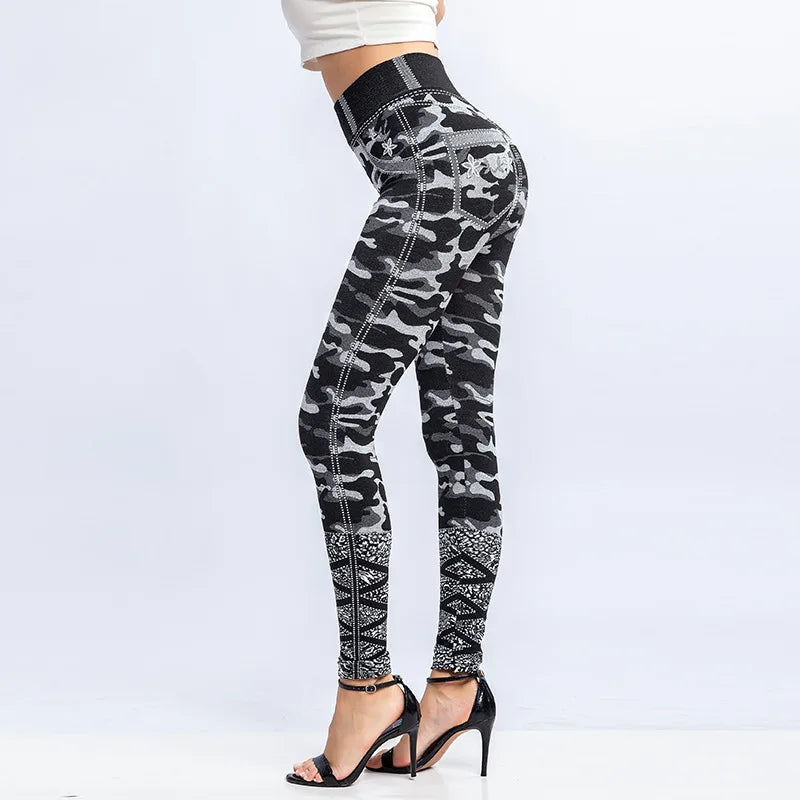 CUHAKCI printed camouflage leggings for women's seamless denim sports high waisted tight pants, fitness sexy long pants, elastic
