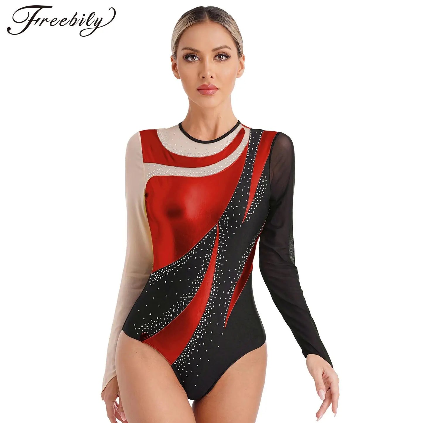 Womens Shiny Ballet Dance Leotards Metallic Contrast Color Splice Long Sleeve Gymnastics Bodysuit Acrobatics Skating Costumes