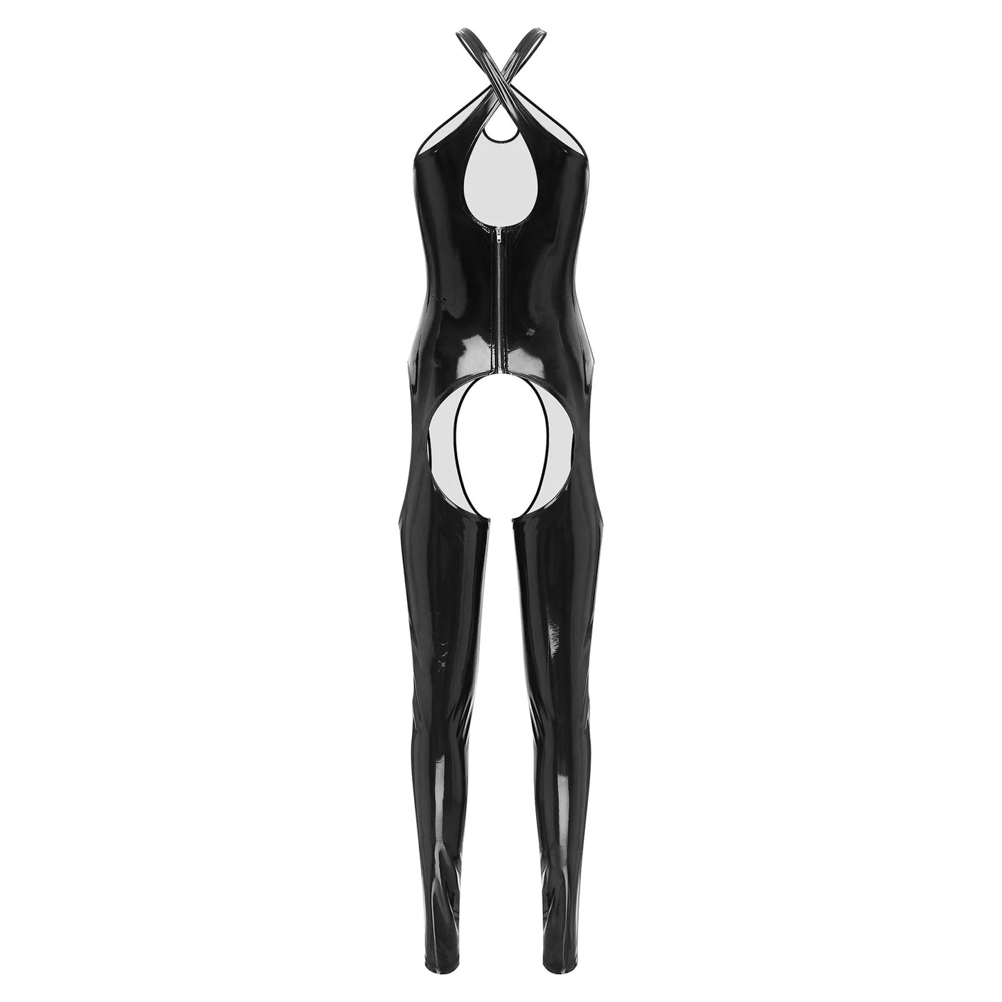 Damen Wet Look Lack leder Bodysuit Jumps uit Catsuit einteilige dünne Teddy Bodycon Dessous Strumpfhose Clubwear