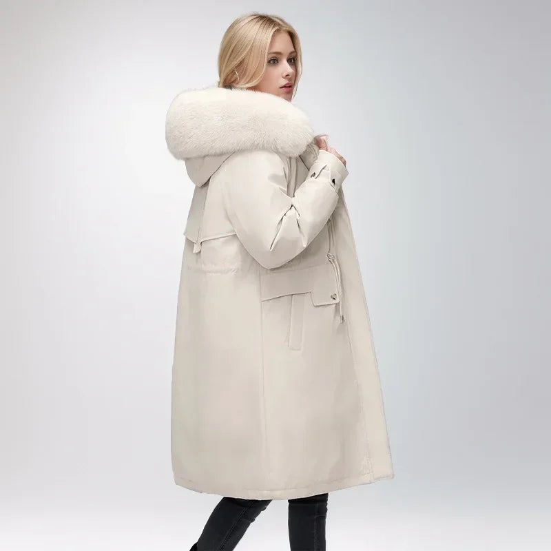 2024 neue Winter Frauen Parka Kleidung lose lange Mantel Wolle Liner Kapuze Daunen Baumwoll jacke Pelz kragen dicken warmen Schnee tragen gepolstert